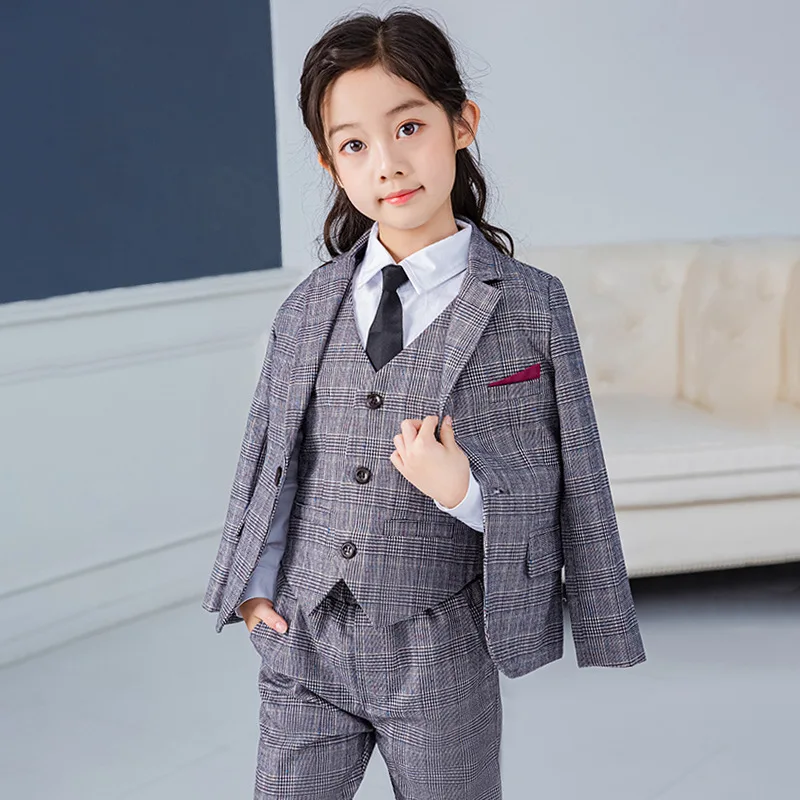 

Fashion Wedding Kids Suit for Girls Formal Pant Suits for Teenagers 5PCS Blazer Set Brand Plaid Children Blazer, Picture