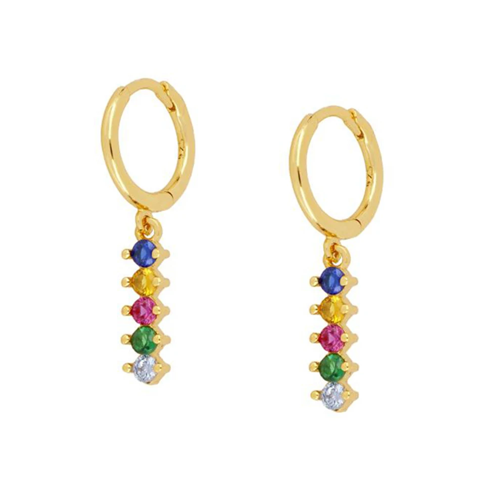 

925 Sterling Silver 18k Gold Plated Rainbow Cubic Zircon Dangle Hoop Earrings