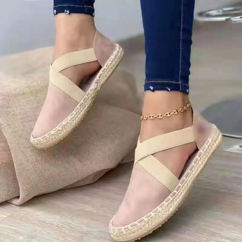 

New style straw woven flat elastic women's shoes sandals ladies flat shoes