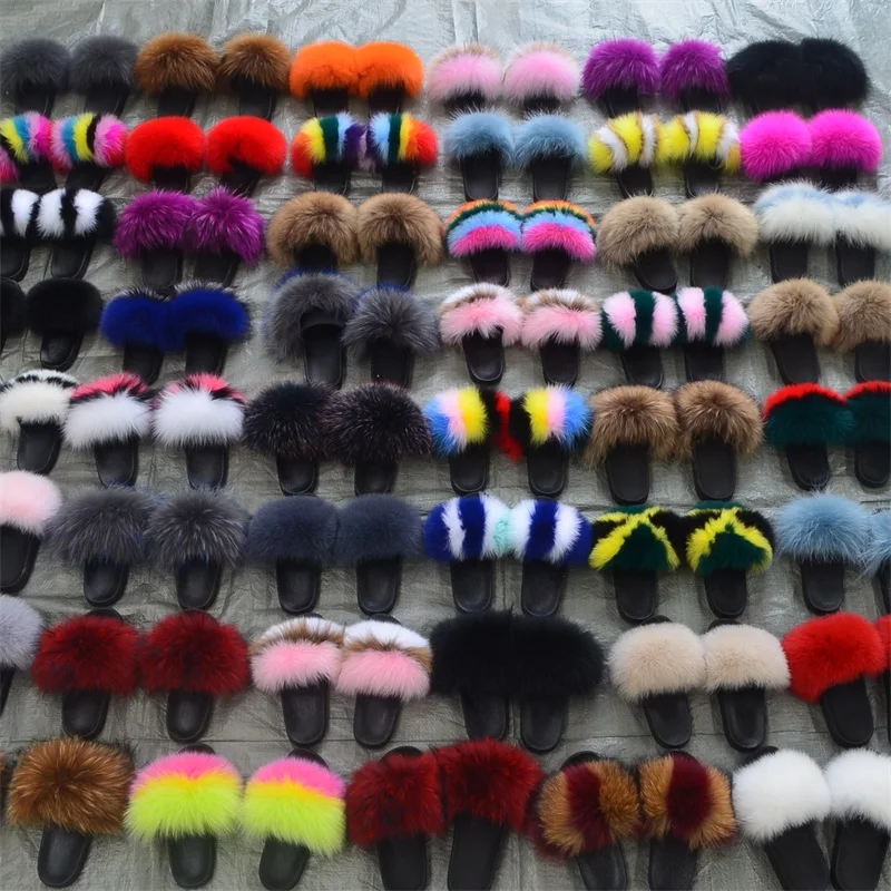 

Factory Wholesale Fluffy Furry raccoon fox fur slippers for wome Fur Slides mommy and me fur slides, Customized color