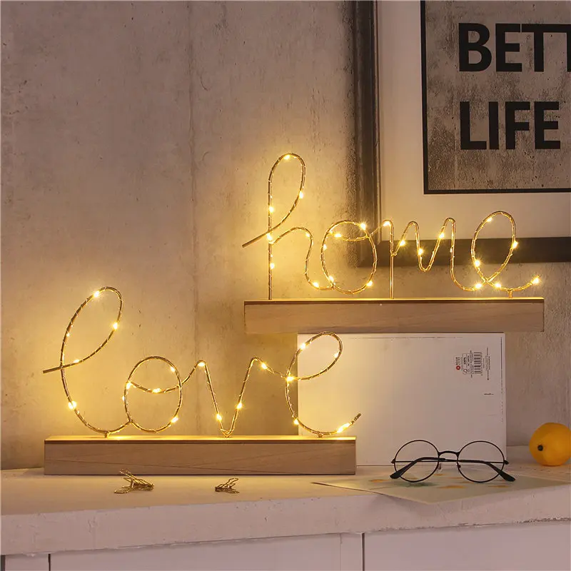 

Nordic Wooden Base Night Light Chic Iron Love Home Letter LED Night Light Lamp Simple Cozy Home Desk Adornment Warm Decor Lights, Gold