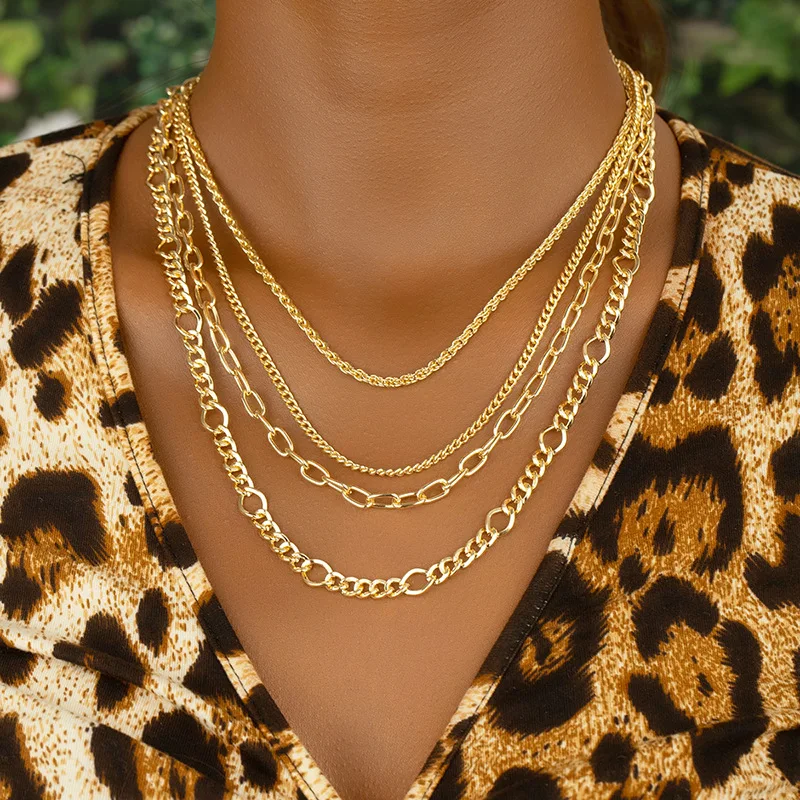 

Hips Hops Curb Chains Necklace Set Vintage Real Gold Link Chain Multi Layered Necklace Party Jewelry