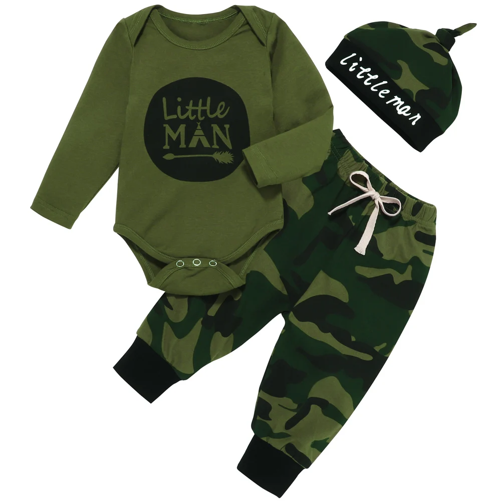 

2021 Little Men Baby Clothes Romper Army Green Three Piece Set Boy infant Clothing