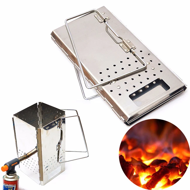 

Stainless steel collapsible garden bbq grills fire starter charcoal chimney for fire lifter, Silver