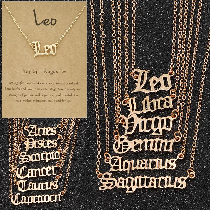 

Vintage 12 Zodiac Necklaces with Card Zodiac Sign Pendant Gold & Silver Chains Short Necklace For Women Fashion Jewelry In Bulk, 12 design available