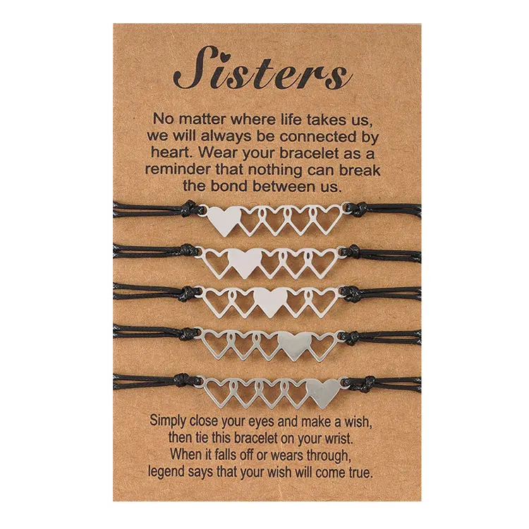 

SC Hot Selling 5 Connecting Hearts Sister Bracelet Adjustable Leather Bracelet 5 pcs Friendship Stainless Steel Heart Bracelets, Black