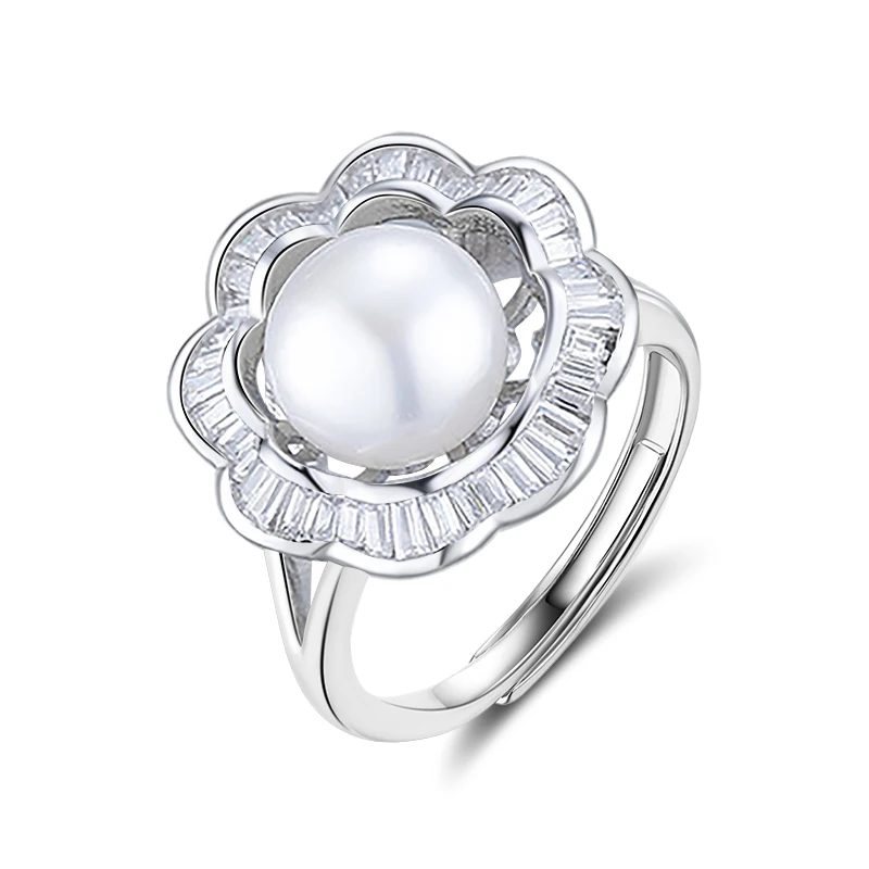 

RINNTIN GPR02 Flower Design 925 Sterling Silver Adjustable Pearl Rings for Women