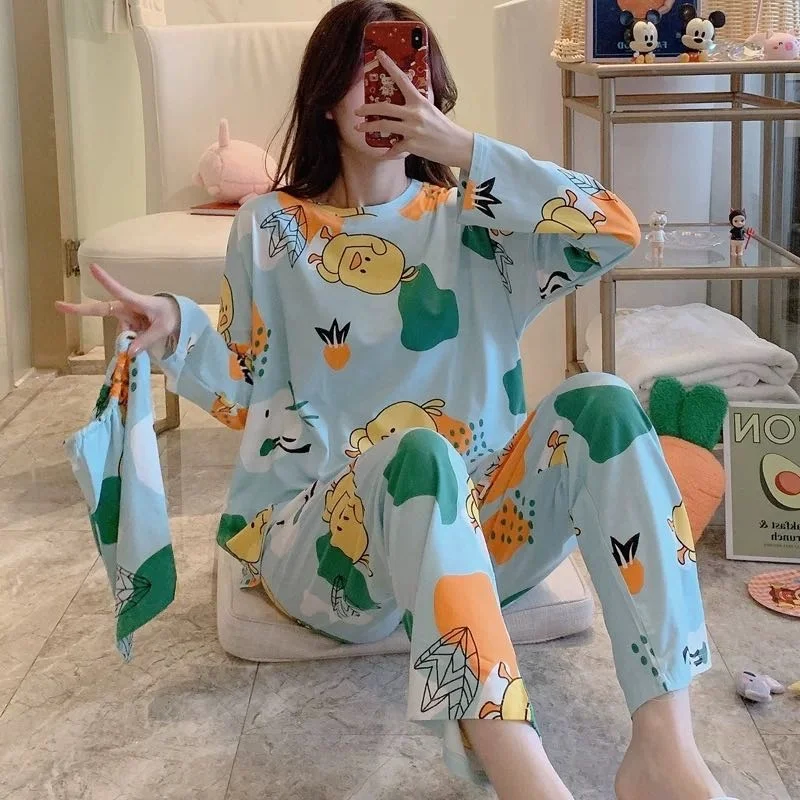 

Woman Summer Korea version can wear Full Sleeve Autumn winter pajamas homewear suit printed women's Cotton sleepwear set, Blue