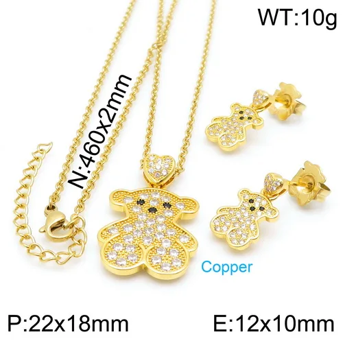

Cute bear zircon pendant necklace and earrings fashion Stainless steel jewelry set gift for kids and girls