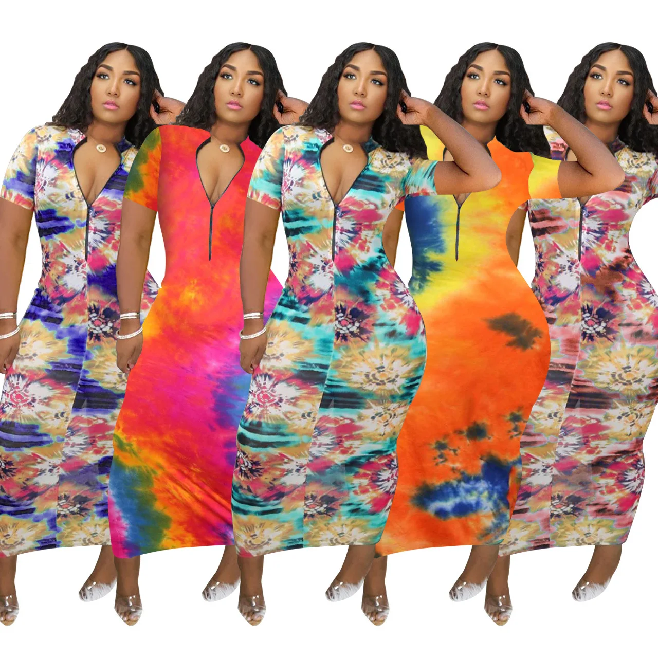 

F21239A new design Hot selling sexy printing zipper women's dresses, Orange, blue, red, green, pink