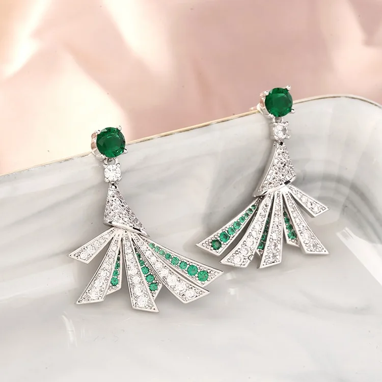 

European and American Emerald fan-shaped female earrings retro dinner earrings S925 Silver Needle Micro-inlaid Zircon Earrings