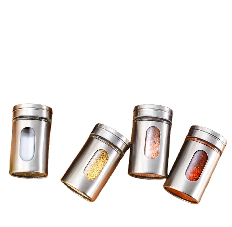 

seasoning package bottles metal stainless steel salt Spice jars glass shaker bottle with metal screw lid, Silvery white