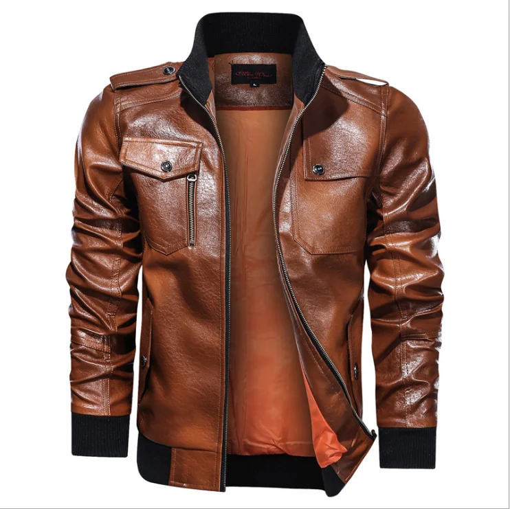 

The new casual PU leather jacket for men has a large leather jacket with a stand-up collar for autumn