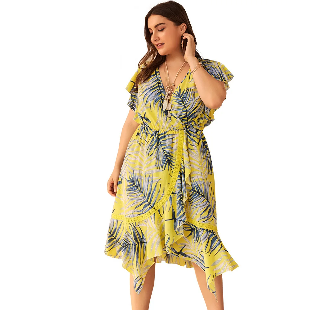 

Hot Selling Sexy Floral Boho Party Apparel Plus Size Leaf Dress Women, Green/yellow
