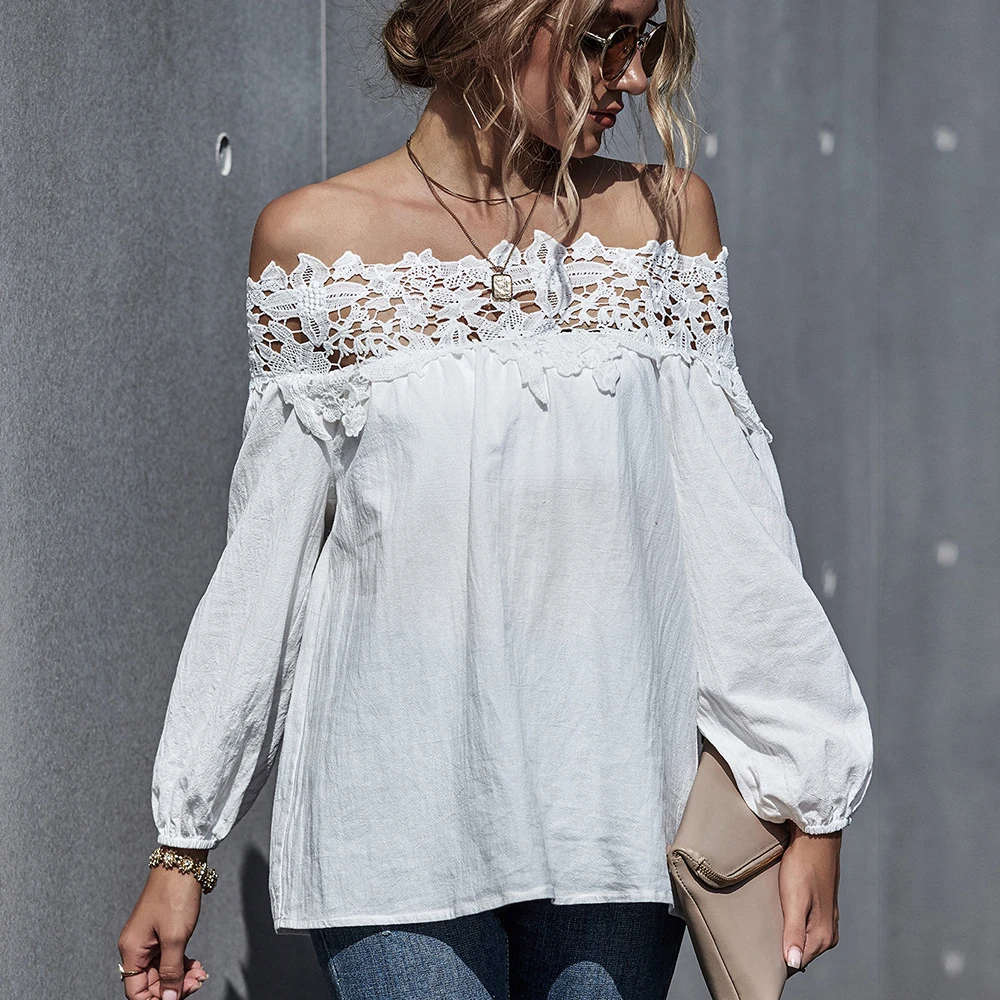 

Autumn and winter European and American style women's lace stitching sexy one-shoulder puff sleeve French blouse women