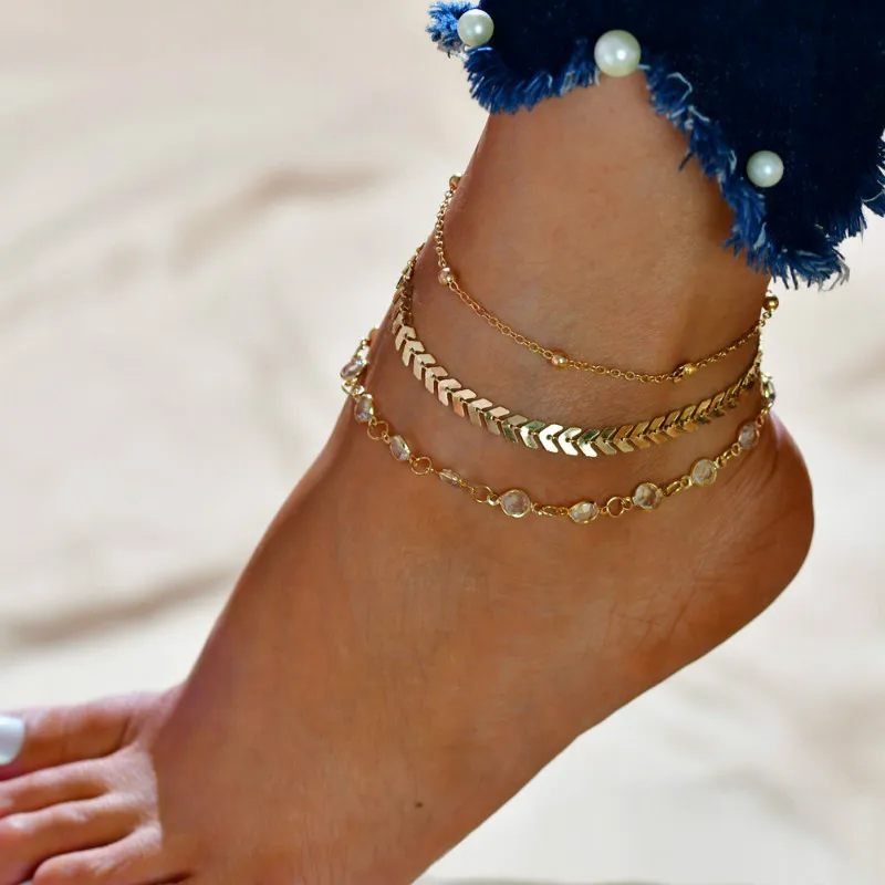 

3Pcs/Set Fashion Gold Fishbone Crystal Multilayer Pendant Anklets Beach Barefoot Sandals Ankle Bracelets for Women Foot Jewelry, Gold, silver
