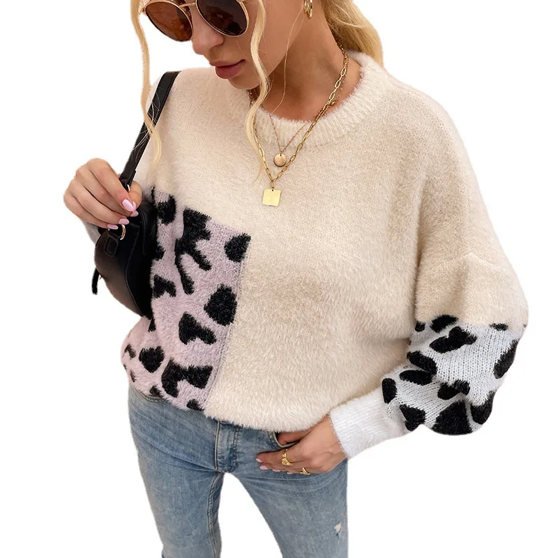 

New winter O-neck lantern sleeve knitwear contrast color leopard print sweater pullover for women, Green,apricot