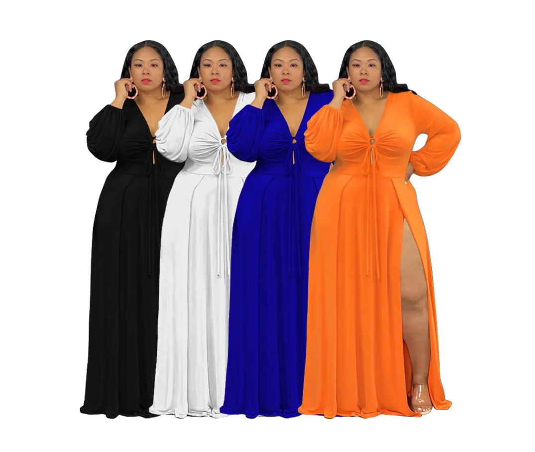 

OR-N7279 Solid color long sleeve stitching hem slit deep V neck dress maxi sexy elegant evening dress plus size women clothing, White, black, dark blue, orange