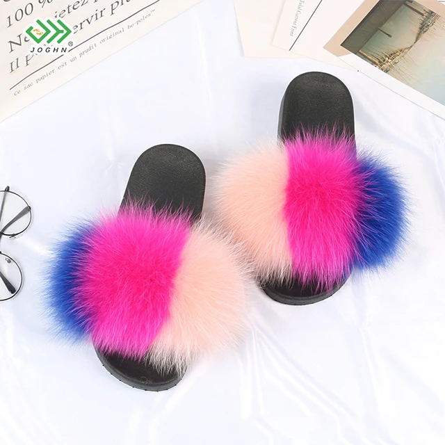 

JOGHN Colorful women indoor outdoor flat soles shoes summer real fox fur slippers