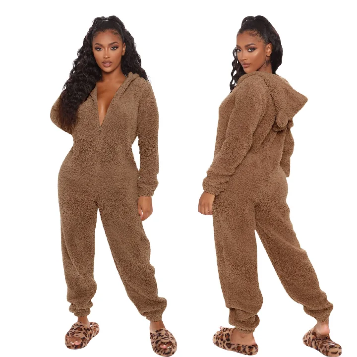 

casual jumpsuit women 2021 fall winter thick fleece rompers bodysuits one piece long hooded zipper design fitness pants jumpsuit, Picture color