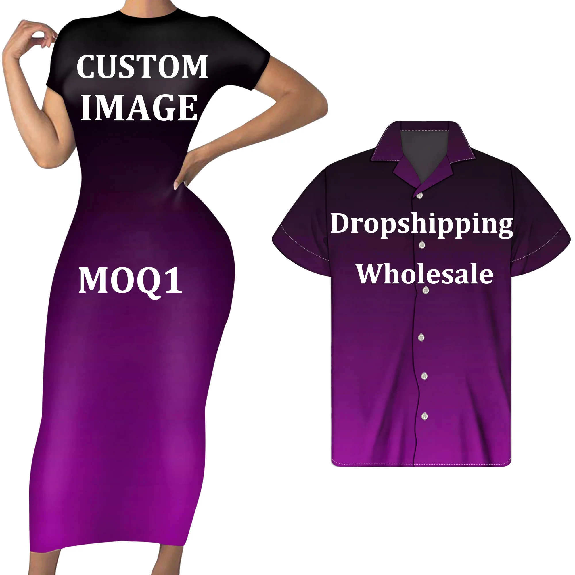 

Custom Your Logo/Image/Design/Text/Logo Print Women Short Sleeve Long Dress Match Shirts Couple Clothing Summer Beach Clothes, Customized color