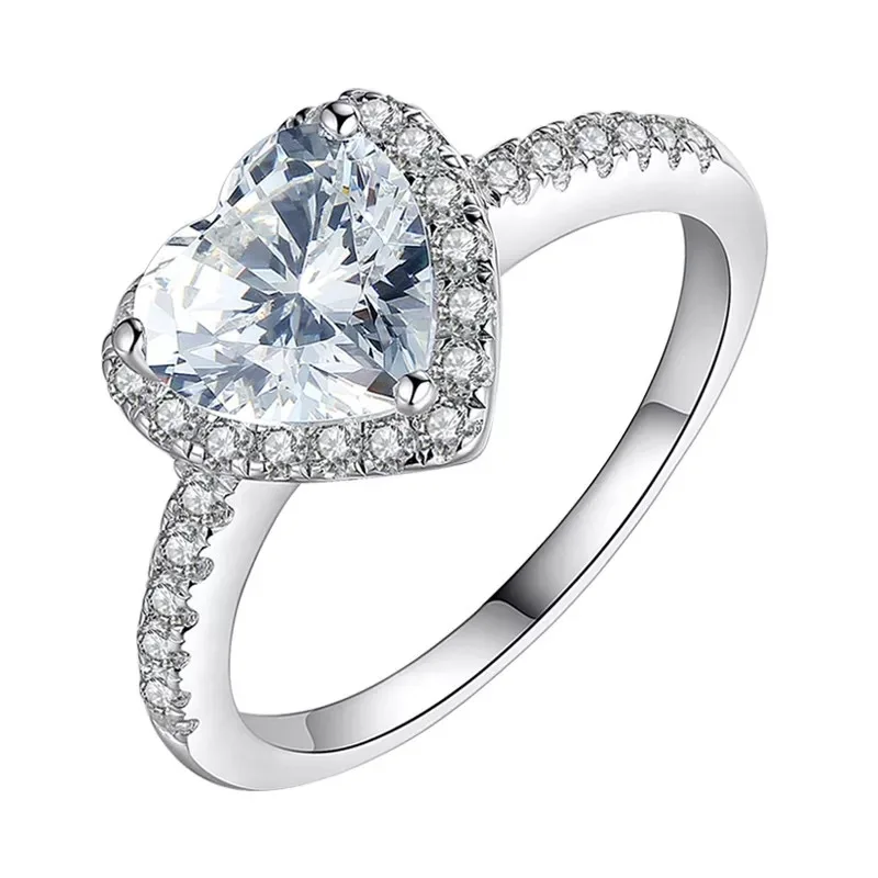 

Hot Selling Fashion Jewelry Exquisite Sterling Silver Heart Rings Engagement Real Diamond Wedding Ring Women