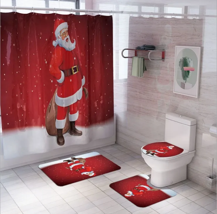 
Christmas Bathroom Shower Curtain Mat Set 4 pieces Waterproof Toilet Cover Mat Non Slip Rug Shower Curtain For Xmas Decoration 