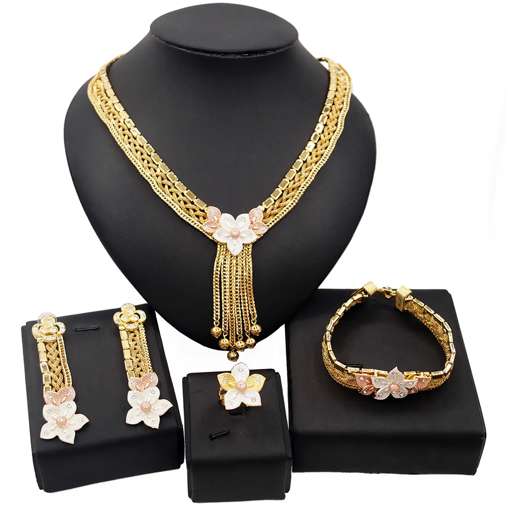 

Latest 18K Gold Plated Brazilian Costume Fashion Girls Jewelry Set Arabian Yellow Flower Dubai Wedding Engagement Jewellery Sets, Gold silver red any color is avaliable