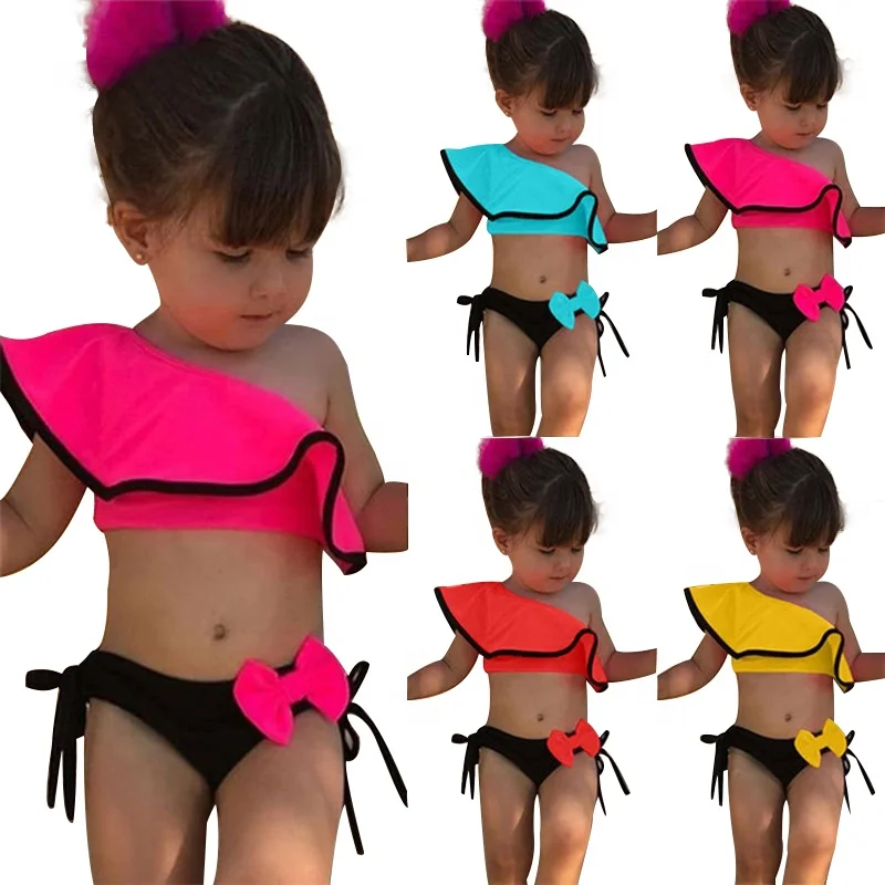 

OEM eco friendly candy color kids girls cute pink bikini bathing suit children swimwear set