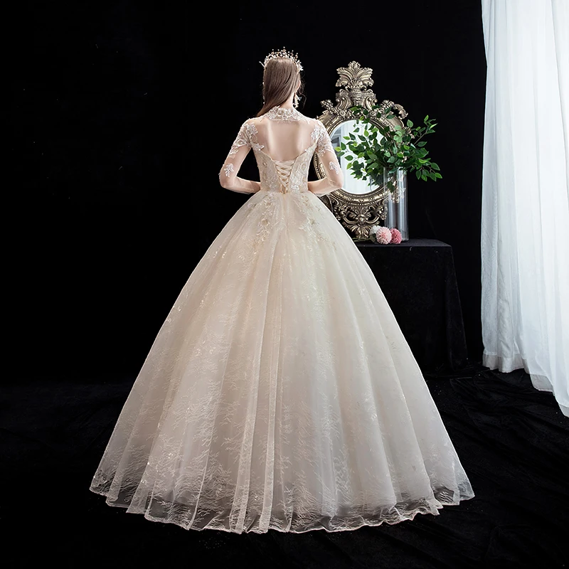 2019 Autumn New arrival Elegant Champagne lace Long Sleeve Plus size high neck Floor Length Bridal Wedding Dress