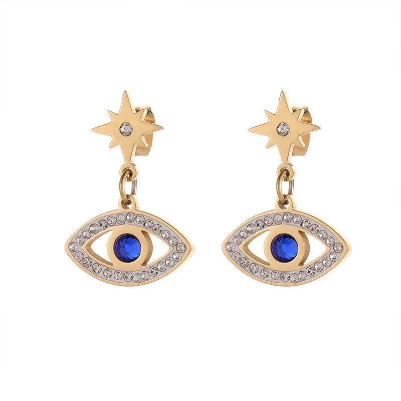 

14K Gold Plated Evil Eyes Shape Big Blue Zircon White Cz circling Star Stainless Steel Drop Earrings