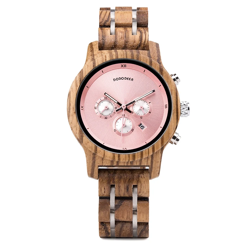 2026 Drop Auto Date Quartz Pointer Multi-functional Women Handmade Natural Wooden Watches OEM with Pink Dial