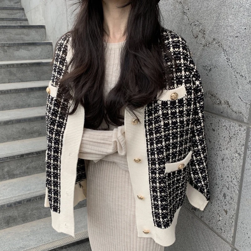 Wholesale 2026 Autumn and Winter Retro Thousand Bird V-Neck Single Breasted Loose Long Sleeve Knitted Cardigan Sweater Coat
