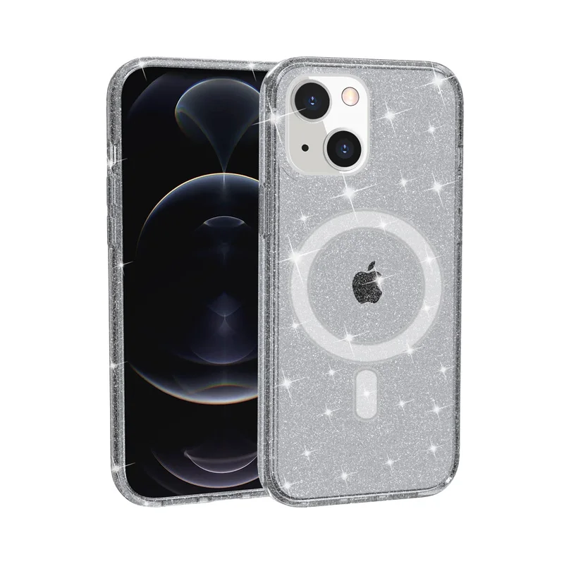 

shockproof hybrid pc tpu shinny glitter clear smart phone cover magnetic cell phone case for iphone 12/pro, 4 colors