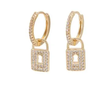 

micro pave cz lock earring unique 2019 new design women fashion hoop earrings with white rainbow, Gold,silver,black