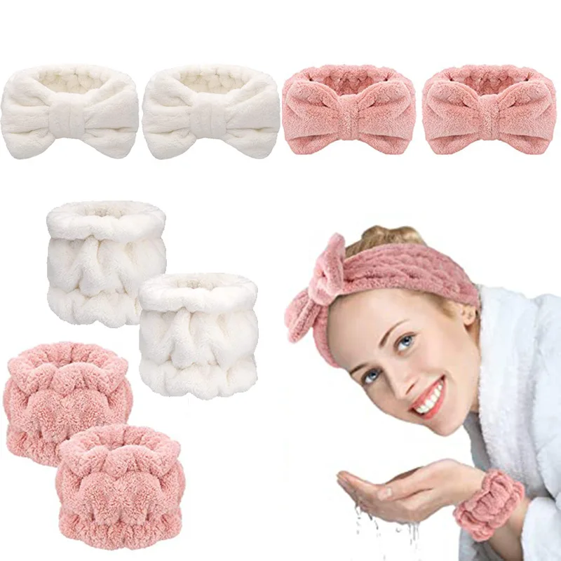 

Multiple Colors Face Wash Set Flannel Spa Headband Wristbands With Logo Custom Bath Headband Women Girl Pairs Wrist Spa Washband