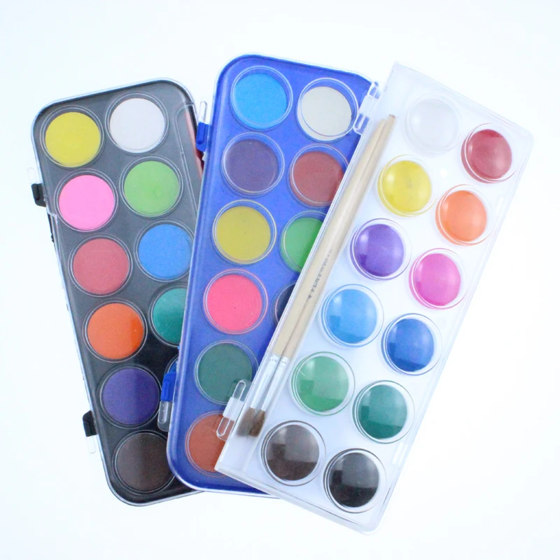 
Free sample no toxic white case 12 colors kids water color paint with brush,multicolor solid watercolor paint set 