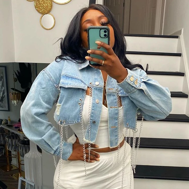 

2021 Autumn new Lady Short Frayed Metal Chains Jean Jacket in Fashion Style