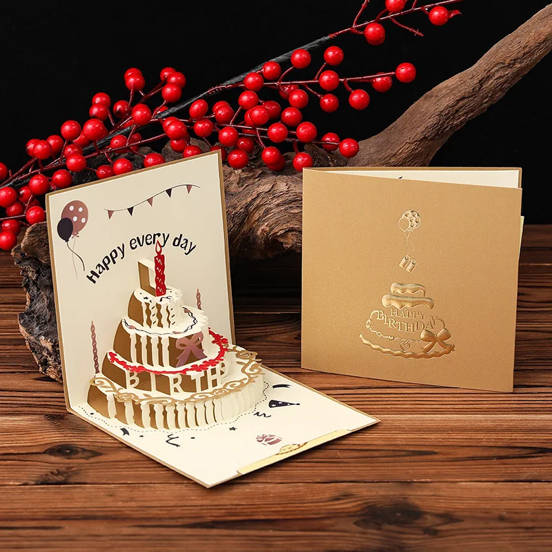 

Hot Selling Creative Hollow 3D Pop-up Stamped Birthday Cake Greeting Card Wish Card Blessing Card