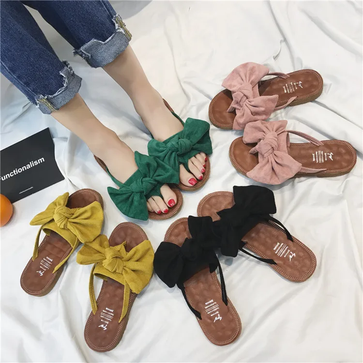 

wholesale fashion bow outdoor slippers indoor summer flat beach sandals slippers for ladies, Multicolor