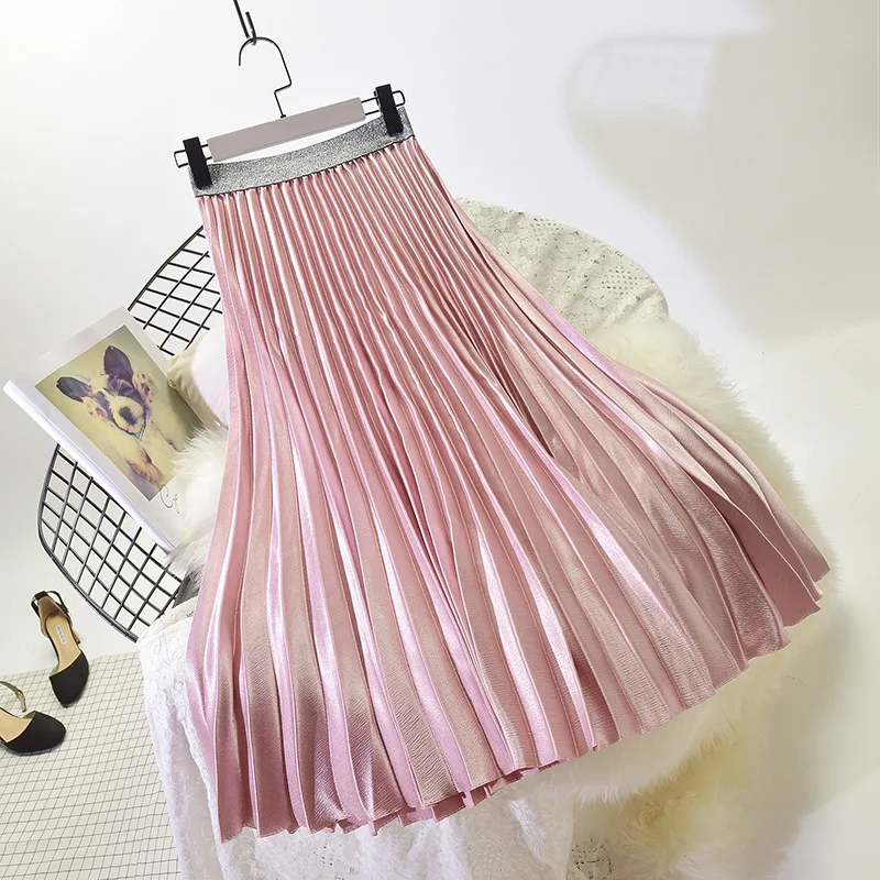 

S0011A Spring new fashion solid color long large size elastic waist high waist pleated women's skirts