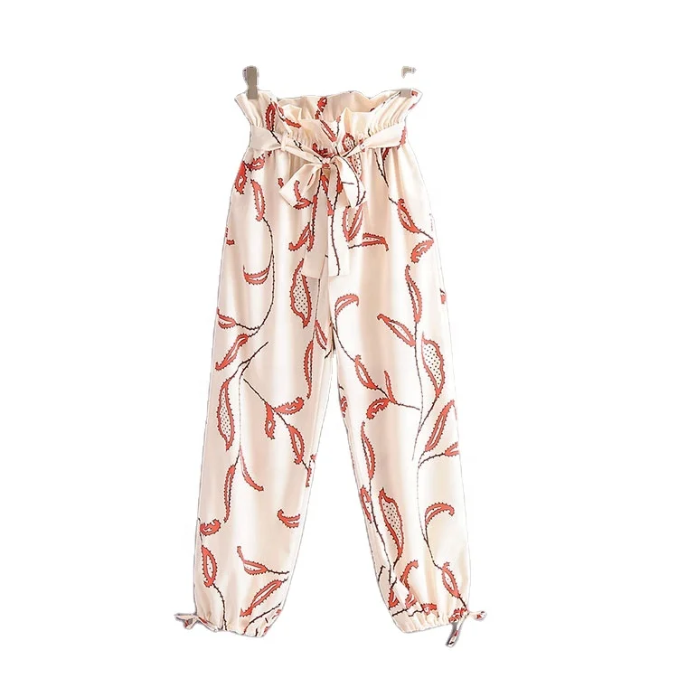 

Spot Clothing Summer Floral Printed Trousers Ruffled Tie Waist Loose Casual Pants for Women, As picture shown