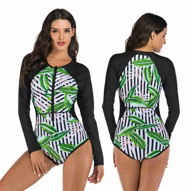 

Customer Made Zipper Long Sleeve Padded Swimwear One Piece Wrap Tropical Leaves Swimsuit Women Rash Guard