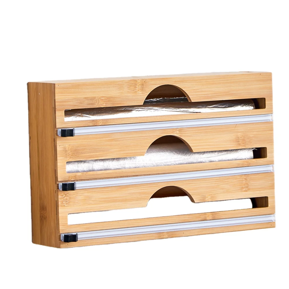 Image of 3 In 1 Compatible Bamboo Roll Organizer Holder Wrap Dispenser With Cutter And Logo For Kitchen Drawer