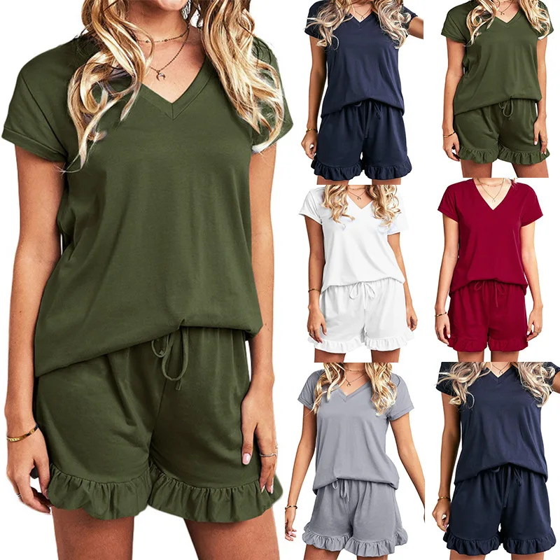 

Wholesale Drawstring Summer Cozy 2 Piece Short Nighty Women's Home Wear Pyjamas Sleepwear Set, White, red, gray, blue, army green