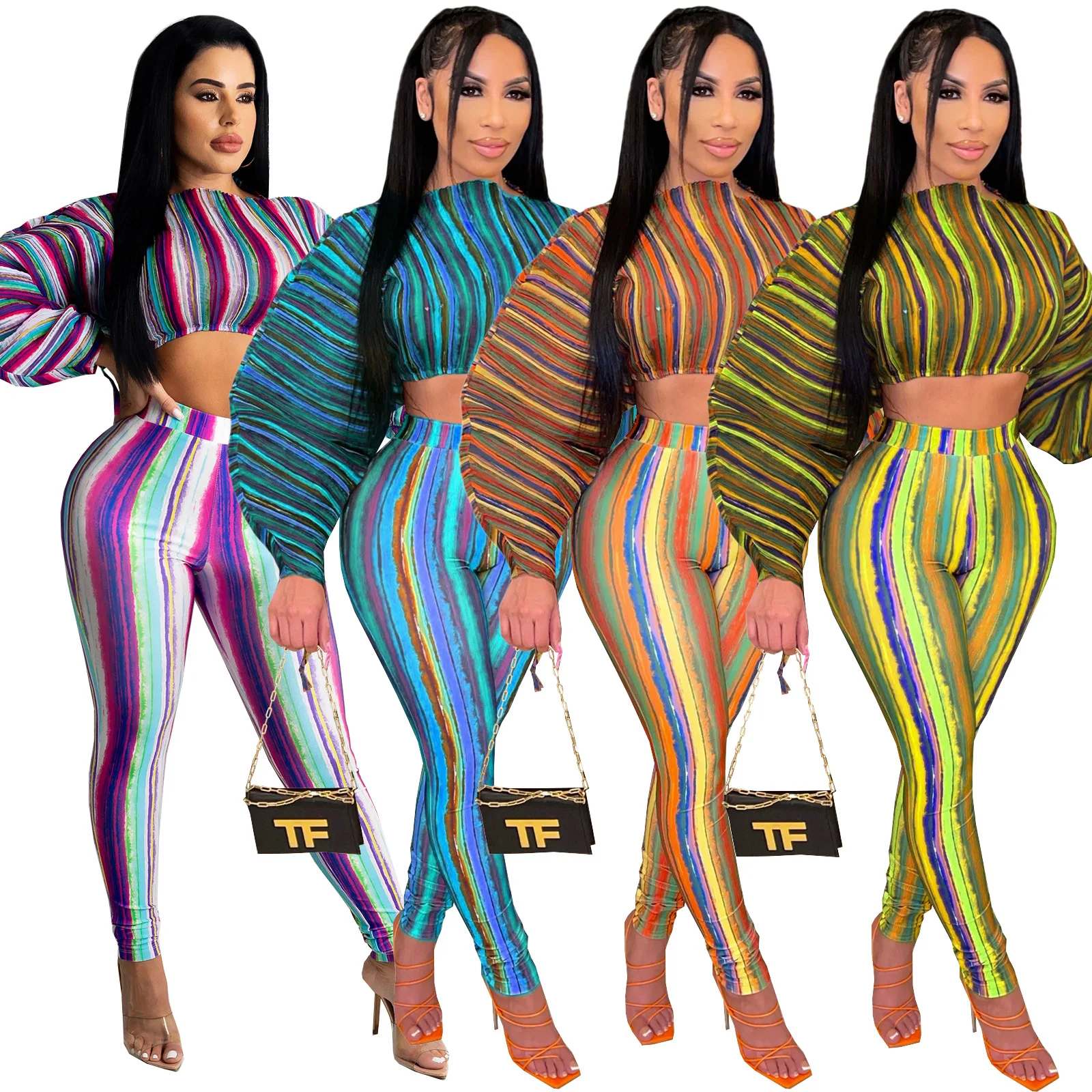 

Hot Sell Printed Striped Arm Drawstring Sexy 2 Piece Set Women Fall Sweatsuit Tracksuit Set Crop Top And Leggings Outfit