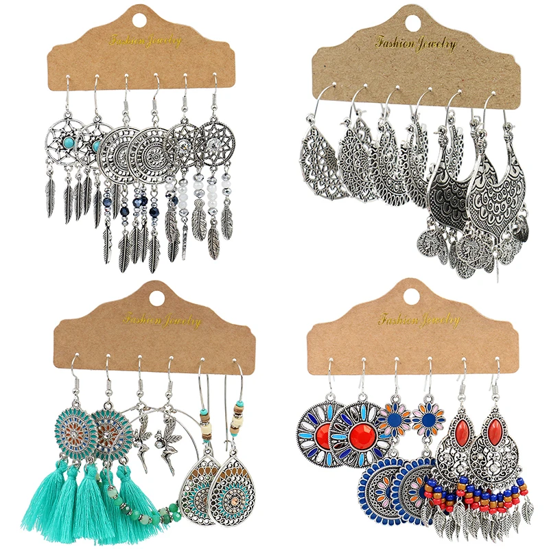 Fashion Vintage Boho Style Enamel Sun Flower Dreamcatcher Leaf Long Tassel Pendant Women Ladies Bohemian Earring Set Jewelry