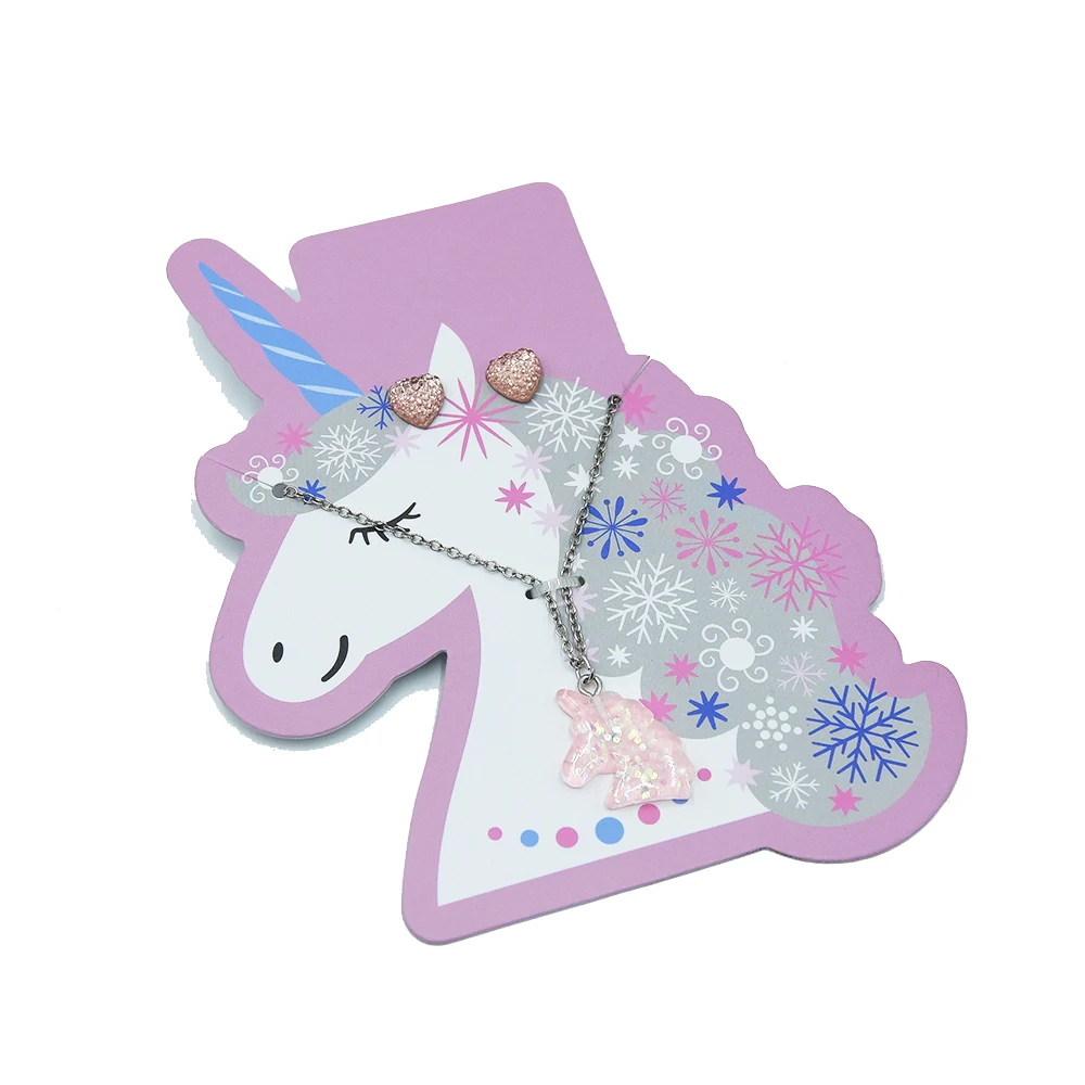 

Wholesale Cute Pink Princess Wear Pink Star earring Kids Jewelry Set Jewelry Set Resin Silver Girls Kids Unicorn Necklace