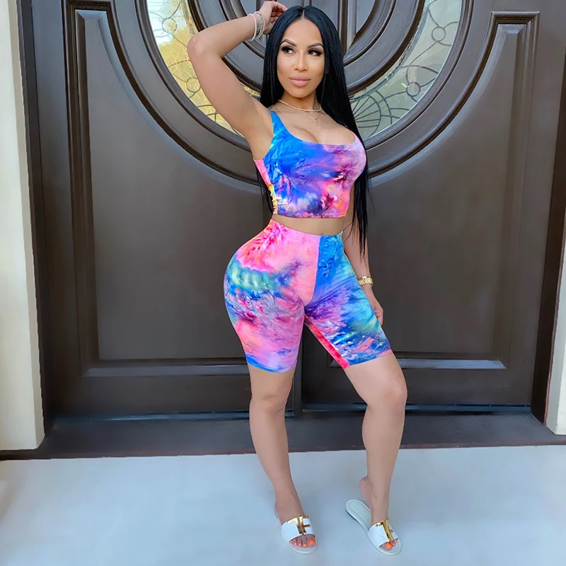 

Summer Street Casual Female ladies Set Lake Blue Tie Dye Sleeveless Short tight Pants Two Piece Set Voluptuous Women