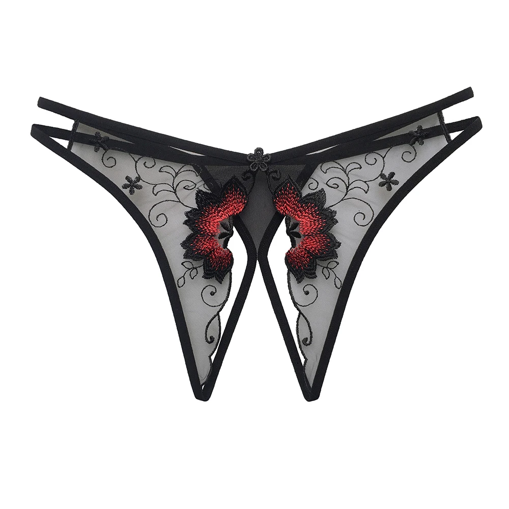 

Sexy women's t-string thongs beautiful embroidery hollow perspective mesh lace temptation cross-belt thong sexy lov lingeri, Picture shows